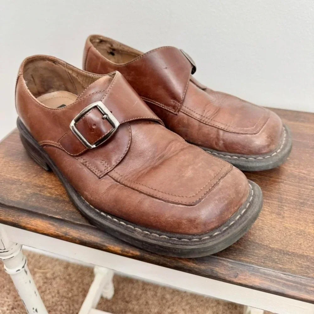 90s‎ Brown Square Toe Belt Buckle Shoe Genuine Leather 8.5